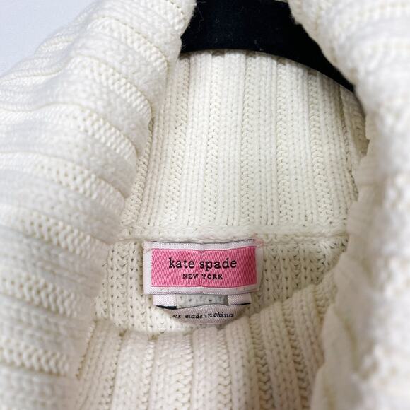 Kate Spade XS Cream Cotton Cashmere Turtleneck Tunic Sweater Side Split Hem FLAW - Picture 7 of 8